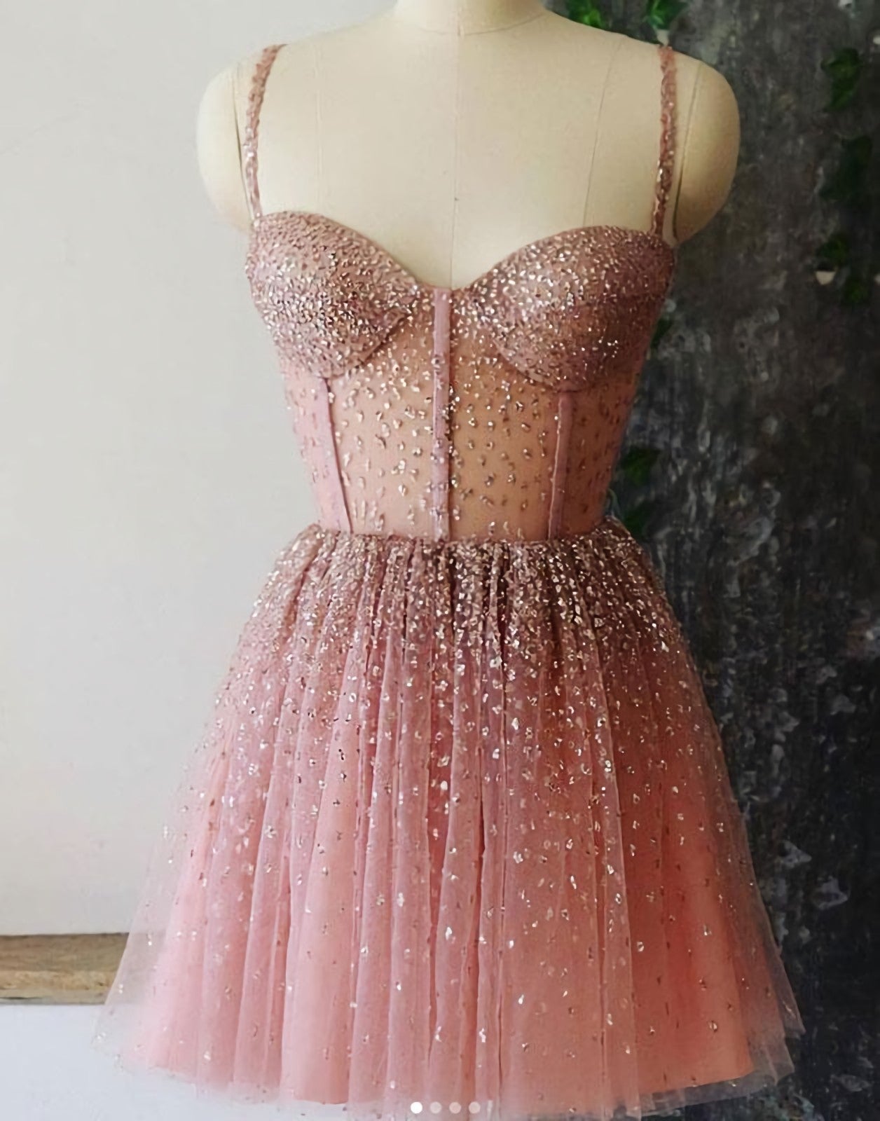 Prom Dresses Short, A Line Spaghetti Straps Short Dresses, Dusty Pink Beaded Homecoming Dress