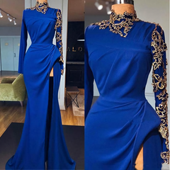 Prom Dress Places Near Me, Royal Blue Mermaid Prom Dresses, High Neck Long Sleeves Side Split Gold Appliques Evening Gowns