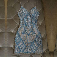 Prom Dress Ideas Unique, Silver And Turquoise Crystal Beaded Homecoming Dresses, Short