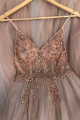 Prom Dress Color, Prom Dress, Straps A Line Beading Rose Wood Prom Dress, With Crystal