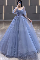 Prom Dresses For Black, Blue Tulle Long Ball Gown Dress, A Line Formal Dress, Prom Dress
