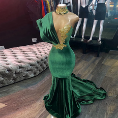 Prom Dress Ideas 2034, Emerald Green Evening Dresses, High Neck Appliques Gold Lace Mermaid Prom Dresses, Sexy Formal Velvet Party Gowns