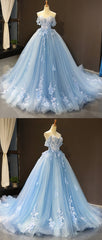 Prom Dresses For 2032, Sky Blue Tulle Off Shoulder Sweetheart Neck Long Lace Applique Senior Prom Dress, Evening Dress