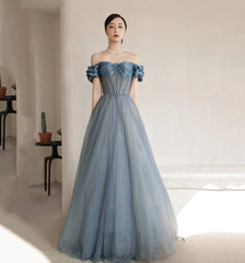 Prom Dresses Photos Gallery, Blue Tulle Long A Line Prom Dress, Off Shoulder Evening Dress