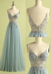 Blue Dress, Vintage Prom Dresses, V Neck Slit Tulle Dress