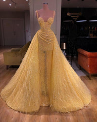 Prom Dress Blue Lace, Elegant Tulle Ball Gown Prom Dresses, Long Yellow Evening Gown