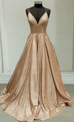 Prom Dress Chicago, Sparkly Prom Dresses, Champagne Gold Ball Gown V Neck With Multi Straps