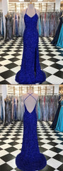 Prom Dresses Sleeves, Trumpet Mermaid Royal Blue Long Prom Dresses, Spaghetti Straps Beading Evening Gowns