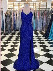 Prom Dress Sleeve, Trumpet Mermaid Royal Blue Long Prom Dresses, Spaghetti Straps Beading Evening Gowns