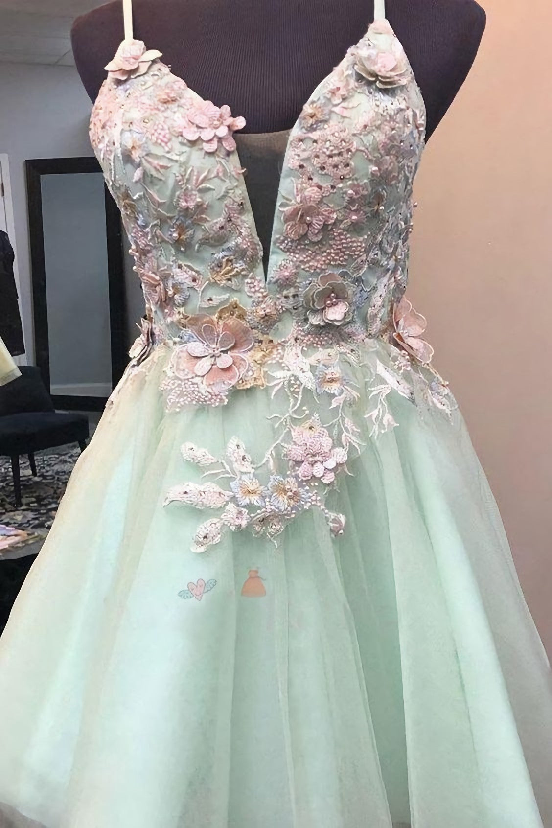 Homecoming Dresses Chiffon, Mint Green Short Homecoming Dress, With Flowers Mini Tulle Graduation Dress, With Pearls