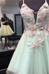 Homecoming Dress Modest, Mint Green Short Homecoming Dress, With Flowers Mini Tulle Graduation Dress, With Pearls