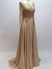 Prom Dress Champagne, A Line Scoop Neck Chiffon With Beaded Long Sleeves Prom Dresses