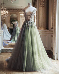 Prom Dressed Two Piece, Green Tulle Long Formal Dress, Party Dress, Prom Dress
