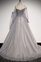 Prom Dresses Gold, Gray Tulle Sequins Long A Line Prom Dress, Evening Dress