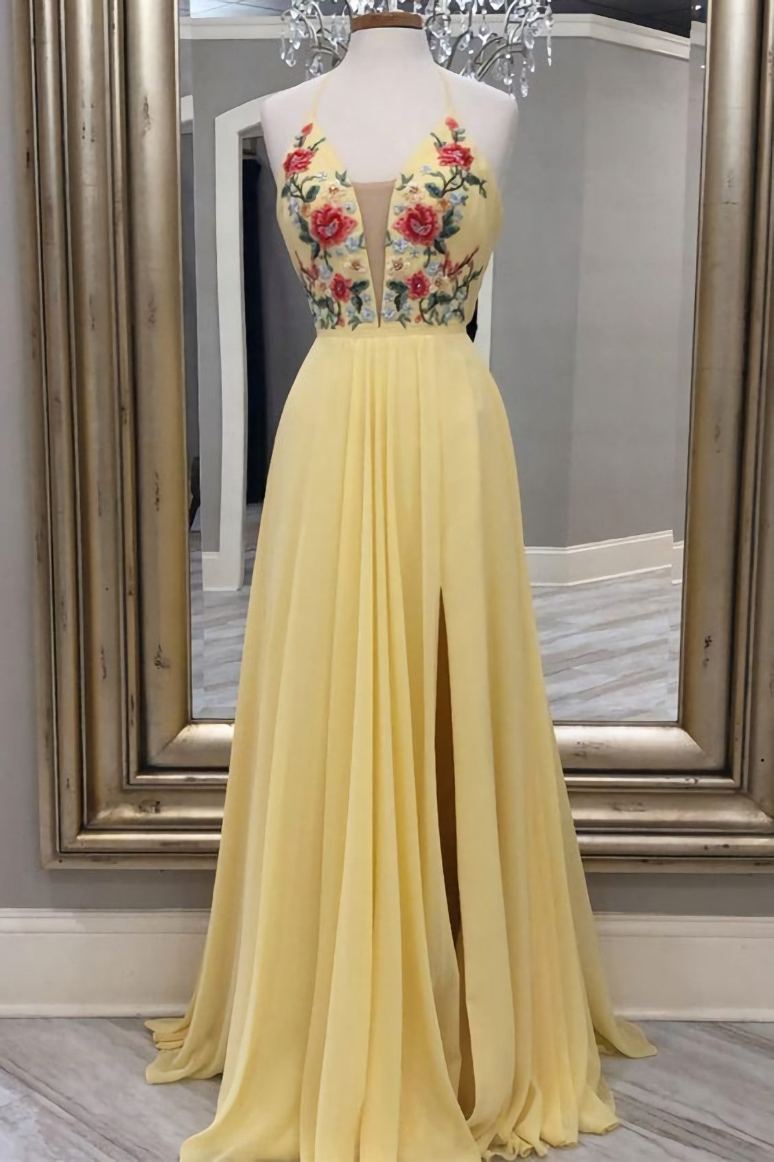 Prom Dresses Blue Light, A Line Yellow Floral Embroidery Long Prom Dress, With Side Slit