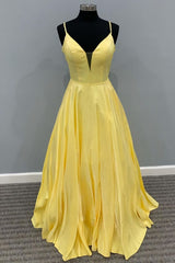 Homecoming Dress Pretty, A-Line Yellow Long With Spaghetti Straps Prom Dresses