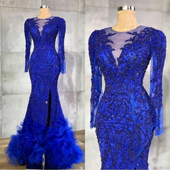 Prom Dress Shorts, Long Prom Dress, Luxury Royal Blue Evening Dresses, Beaded Crystals Sheer Neck Mermaid Arabic Aso Ebi Party Gowns