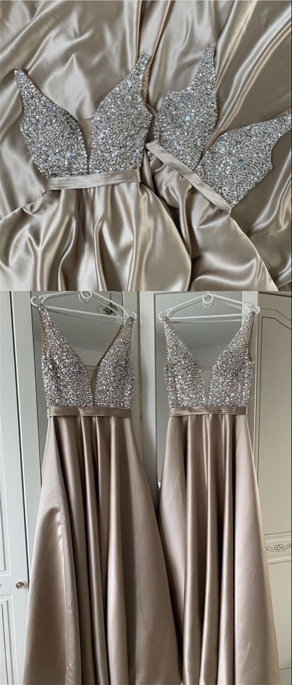 Prom Dresses For Blondes, Long Champagne Satin Bridesmaid Dresses, Plunge Neck Beaded Top Prom Evening Gown