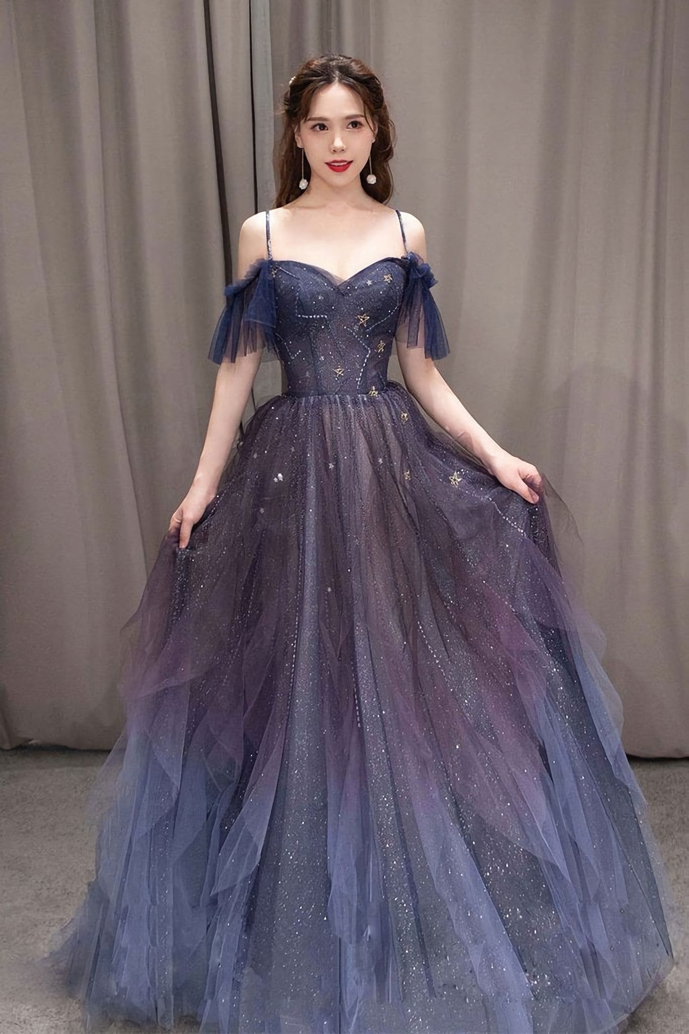 Prom Dresses 2032 Long Sleeve, Purple Sweetheart Neck Tulle Long Prom Dress, Purple Formal Dress