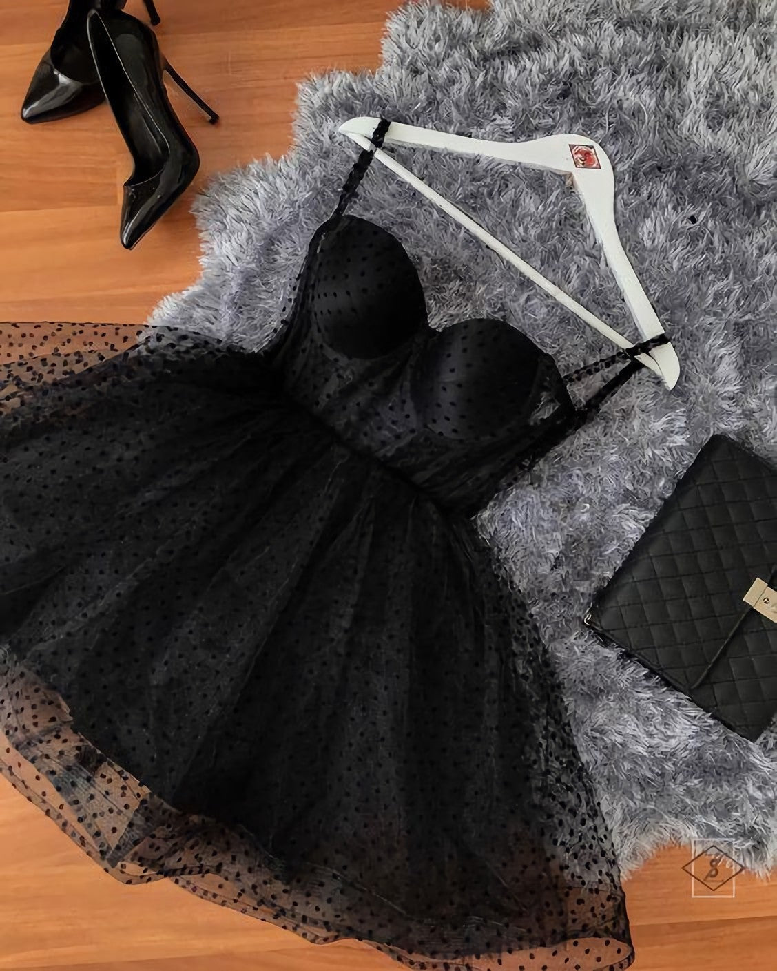 Prom Dresses 2028, Black Polka Dot Tulle Strapless Corset Short Dress, Homecoming Dress