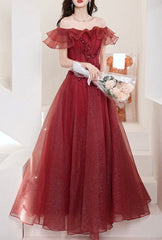 Formal Dresses Corset, Burgundy Tulle Long A Line Prom Dress Evening Dress