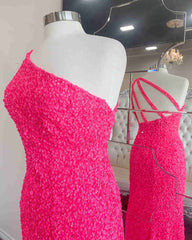 Fairytale Dress, 2024 One Shoulder Hot Pink Sequined Prom Dress