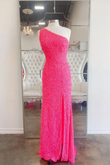 Sweet 27 Dress, 2024 One Shoulder Hot Pink Sequined Prom Dress