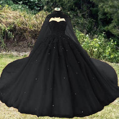 Wedding Dress Sleeve Lace, Vintage Black Wedding Dress, Ball Gown For Gothic Weddings With Cape Prom Dress, Evening Dress
