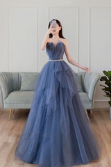 Prom Dresse Backless, Blue Sweetheart Neck Tulle Long Prom Dress, Blue Tulle Formal Dress