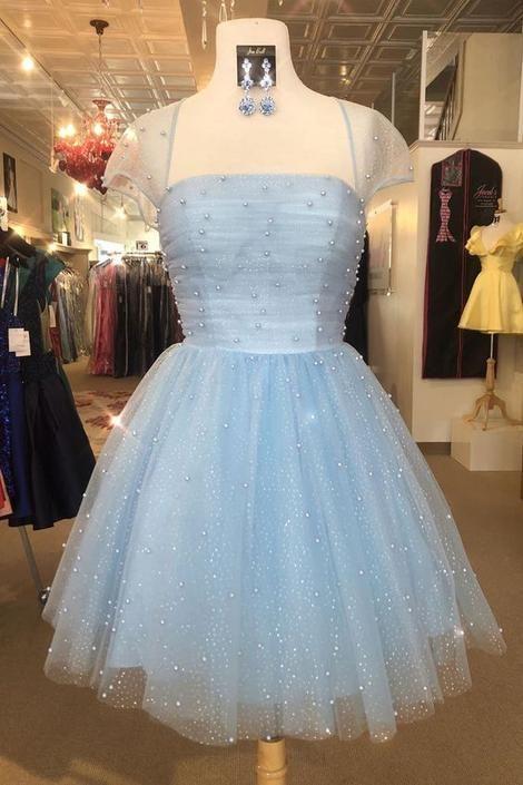 Formal Dress Fall, Cute Light Sky Blue with Cap Sleeves Homecoming Dresses