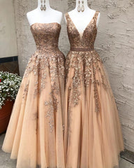 Prom Dress With Sleeve, Long Champagne Prom Dress, Sexy V Neck Strapless A Line Appliques Formal Party Dresses