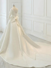 Wedding Dress Diet, White Satin Backless 3/4 Sleeve Wedding Dress, Party Prom Dresses