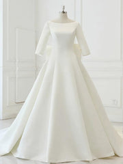 Wedding Dress Shoulder, White Satin Backless 3/4 Sleeve Wedding Dress, Party Prom Dresses