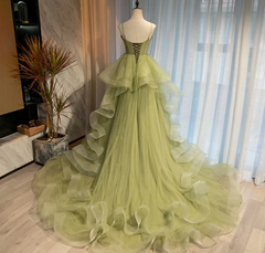 Prom Dresses With Short, Beautiful Light Green Sweetheart Layers Princess Formal Gown Green Tulle Long Party Dress, Prom Dress