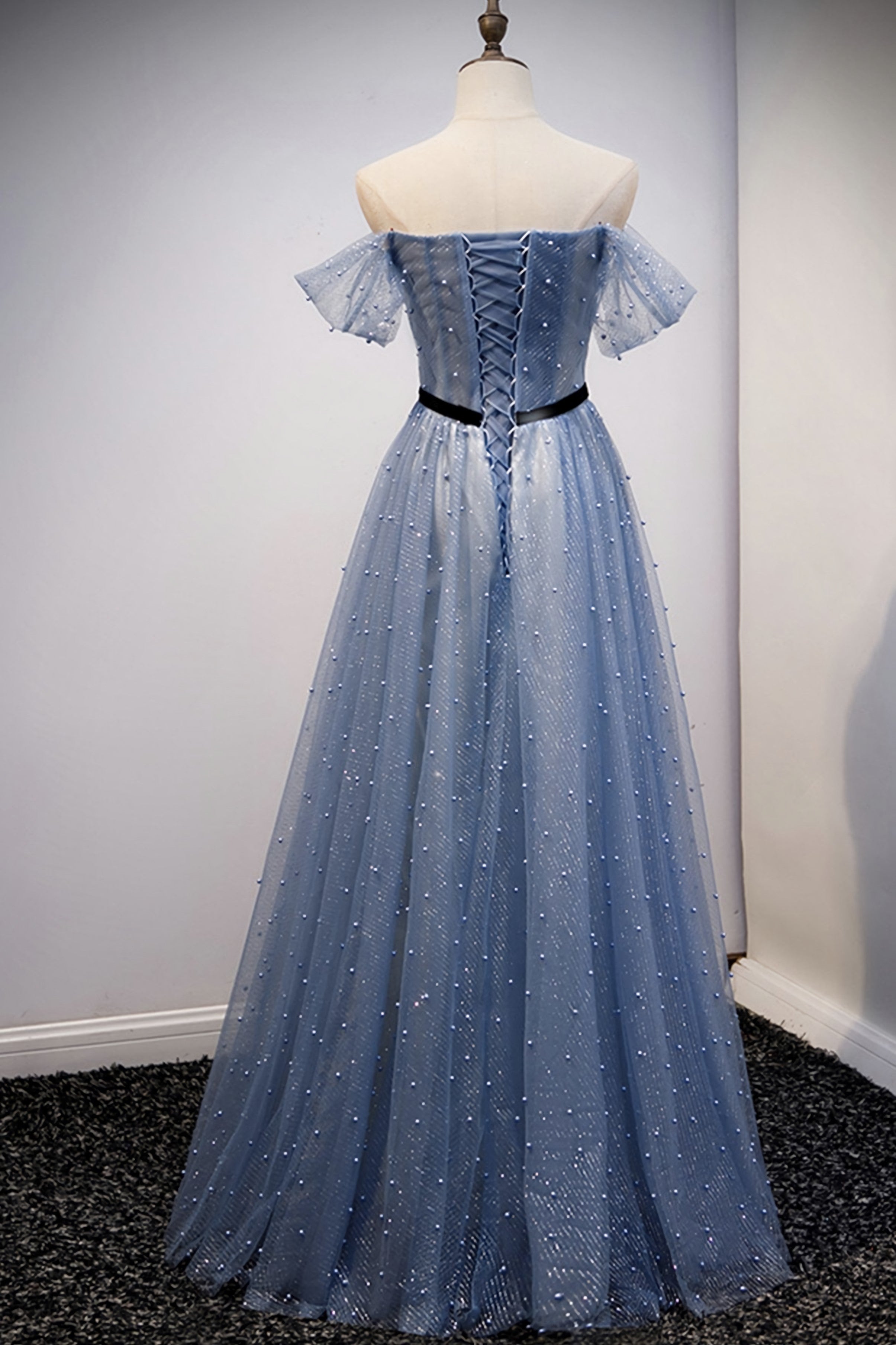 Evening Gown, Blue Tulle Long A Line Prom Dress, Evening Dress