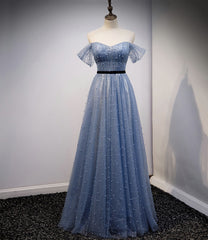 Blue Prom Dress, Blue Tulle Long A Line Prom Dress, Evening Dress