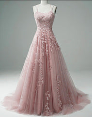 Prom Dress Long Open Back, Lace Applique A Line Elegant Spaghetti Straps Cheap Senior Prom Gowns