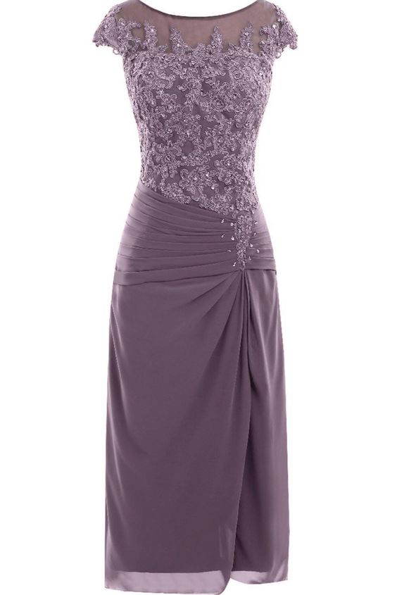 Formal Dresses Off The Shoulder, knee length mauve tight chiffon mother of the bride/prom dress with cap sleeves