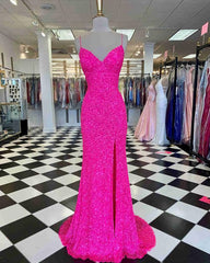 Prom Dress Store, Hot Pink Straps Prom Dress, With Slit