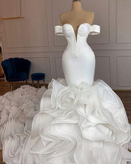 Wedding Dress Tulle Lace, Elegant Mermaid African Women Wedding Dresses 2024 Off The Shoulder Ruffles High Quality Satin Birdal White Wedding Gowns Prom Dresses