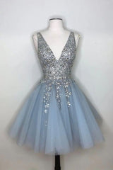 Prom Dresses Cheap, Blue V Neck Tulle Sequin Short Dress, Blue Homecoming Dress