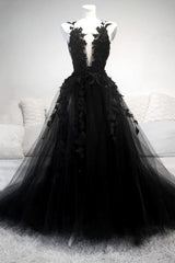 Prom Dress And Boots, Black V Neck Lace Long Prom Dress, A Line Evening Dress