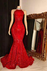 Bridesmaid Dresses Formal, Halter Sleeveless Red Long Sequin Trumpet Prom Dresses