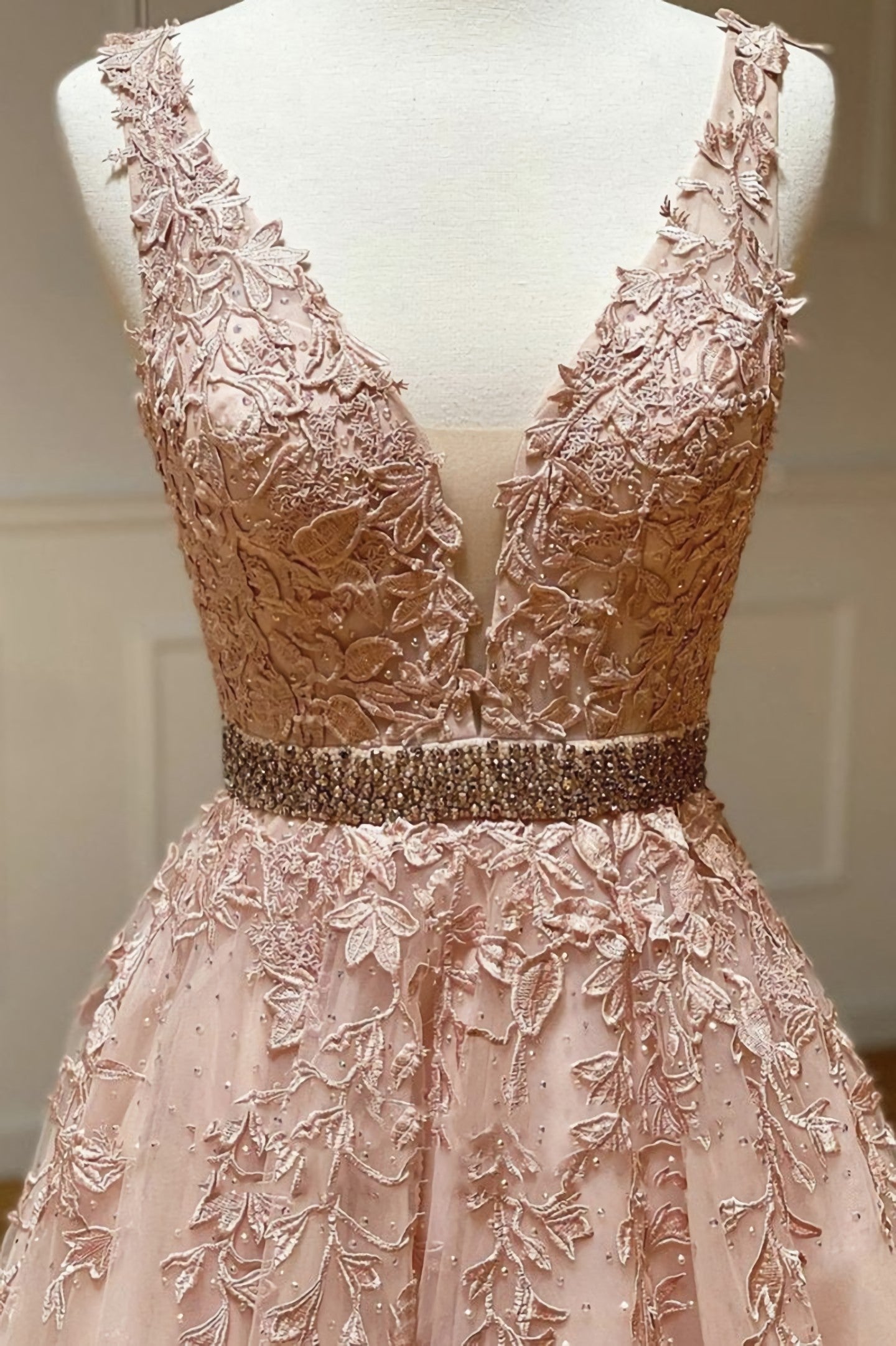 Prom Dresses With Shorts Underneath, Pink V Neck Lace Long A Line Prom Dress, Evening Dress