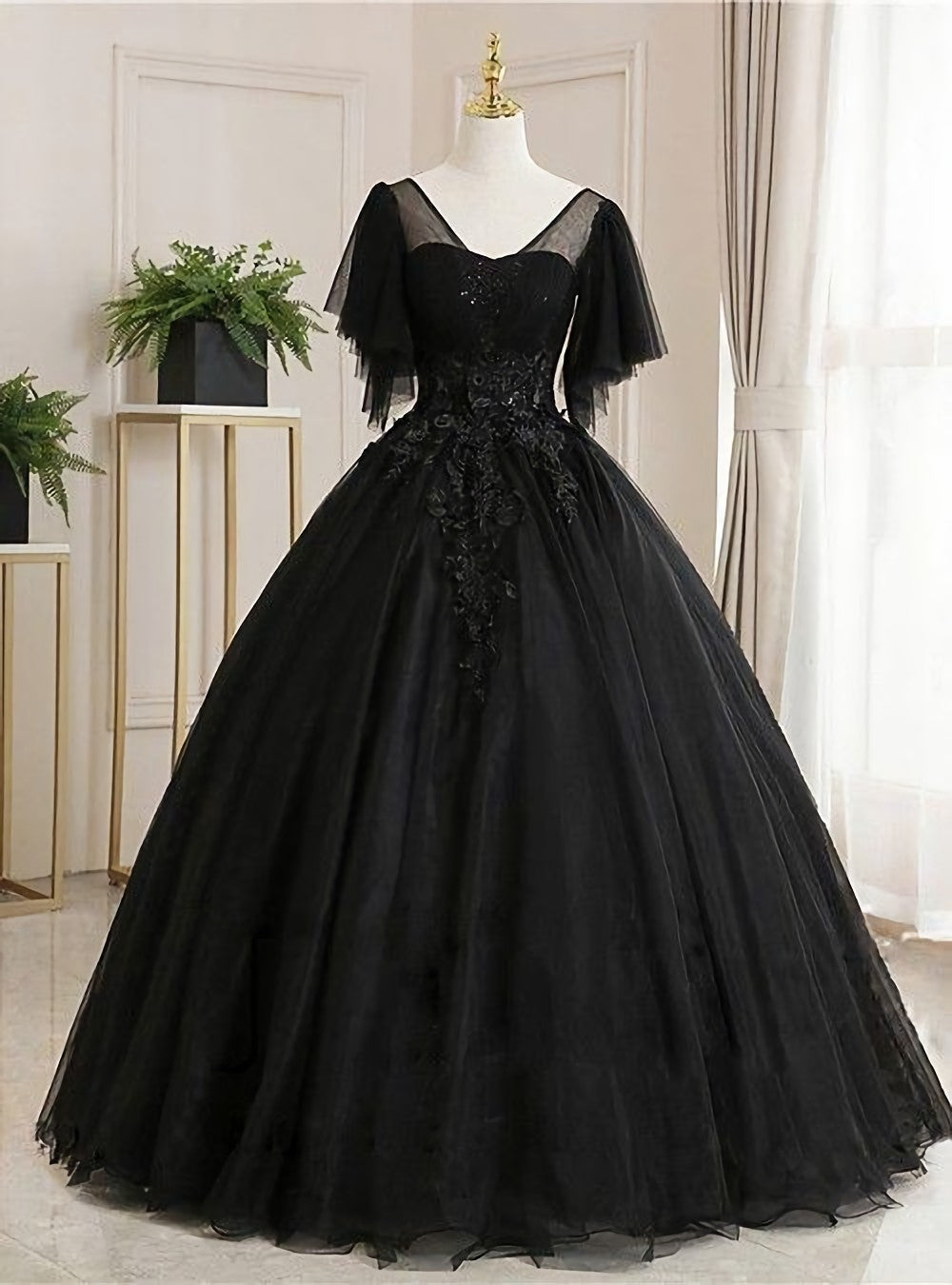 Prom Dress Places, Ball Gown Luxurious Floral Quinceanera Prom Dress, Scoop Neck Short Sleeve Floor Length Tulle With Pleats Embroidery