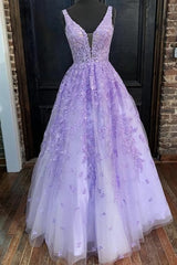 Prom Dressed Short, V Neck Purple Lace Long Prom Dress, Long Purple Lace Formal Dress, Lilac Lace Evening Dress