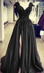 Black Bridesmaid Dress, Black Satin Slit Dresses, With Lace Embroidery Prom Dresses