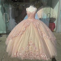 Nice Dress, Pink Sparkly Quinceanera Prom Dresses, Lace Flower Sweet 16 Tulle Party Ball Gown