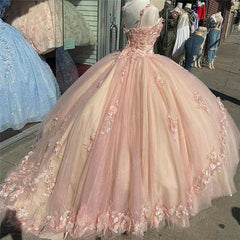 Flower Dress, Pink Sparkly Quinceanera Prom Dresses, Lace Flower Sweet 16 Tulle Party Ball Gown