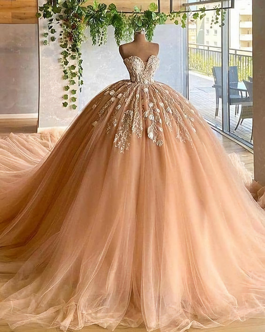 Prom Dress 2028, Applique Tulle Pleated Sweetheart Champagne Ball Gown Evening Dress